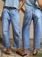 DD Women's 2026 New Stretchy Loose Cropped Jeans, Washed Blue Barrel Denim Trousers, Street Style Ladies' Outfit, Mid-waisted Pantalones with Pockets, 4 Seasons Weared Tummy Control Mom Pants Wide Leg Boyfriend Casual Pants for Travel Work and Office