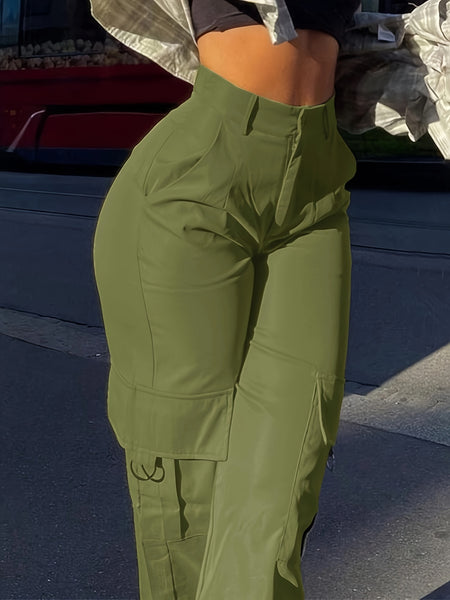 Flap Pocket Solid Color Cargo Pants, Y2K Slant Pocket Button Front Every Day Pants, Women's Clothing