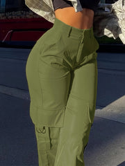 Flap Pocket Solid Color Cargo Pants, Y2K Slant Pocket Button Front Every Day Pants, Women's Clothing