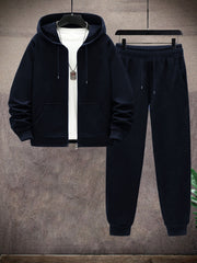 2pcs Men's Solid Color Casual Sports Suit Set, Includes Elastic Waist Drawstring Pants And Jacket for Travel, Leisure, Outdoor Camping