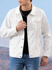 Spring and Autumn Hot Men's Denim Jacket for Teens, High-End Long Sleeve Turn- Collar Casual Coat