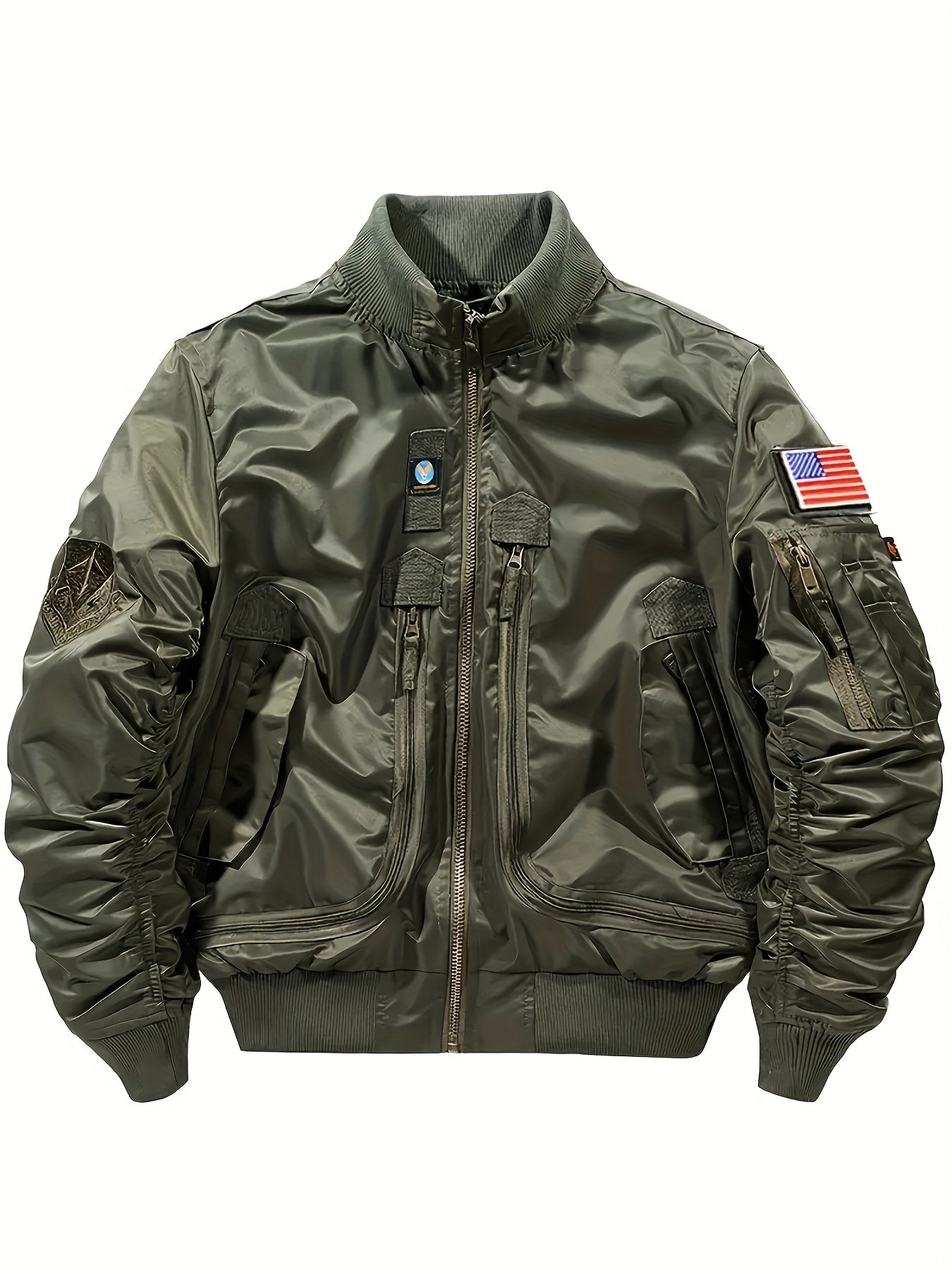 Men'S Casual Stand Collar Bomber Jacket, Chic Novelty Design Zip Up Tactical Jacket with Multi-Pocket, Fall Winter Outdoor