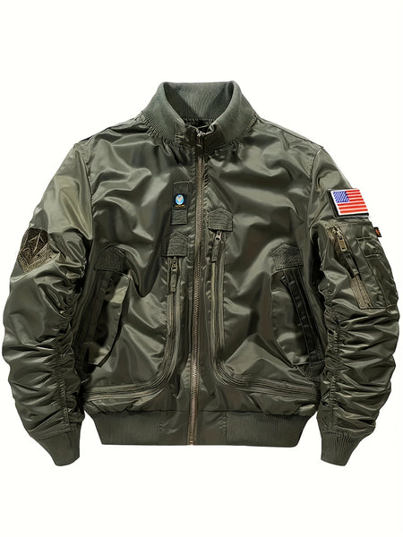 Men'S Casual Stand Collar Bomber Jacket, Chic Novelty Design Zip Up Tactical Jacket with Multi-Pocket, Fall Winter Outdoor
