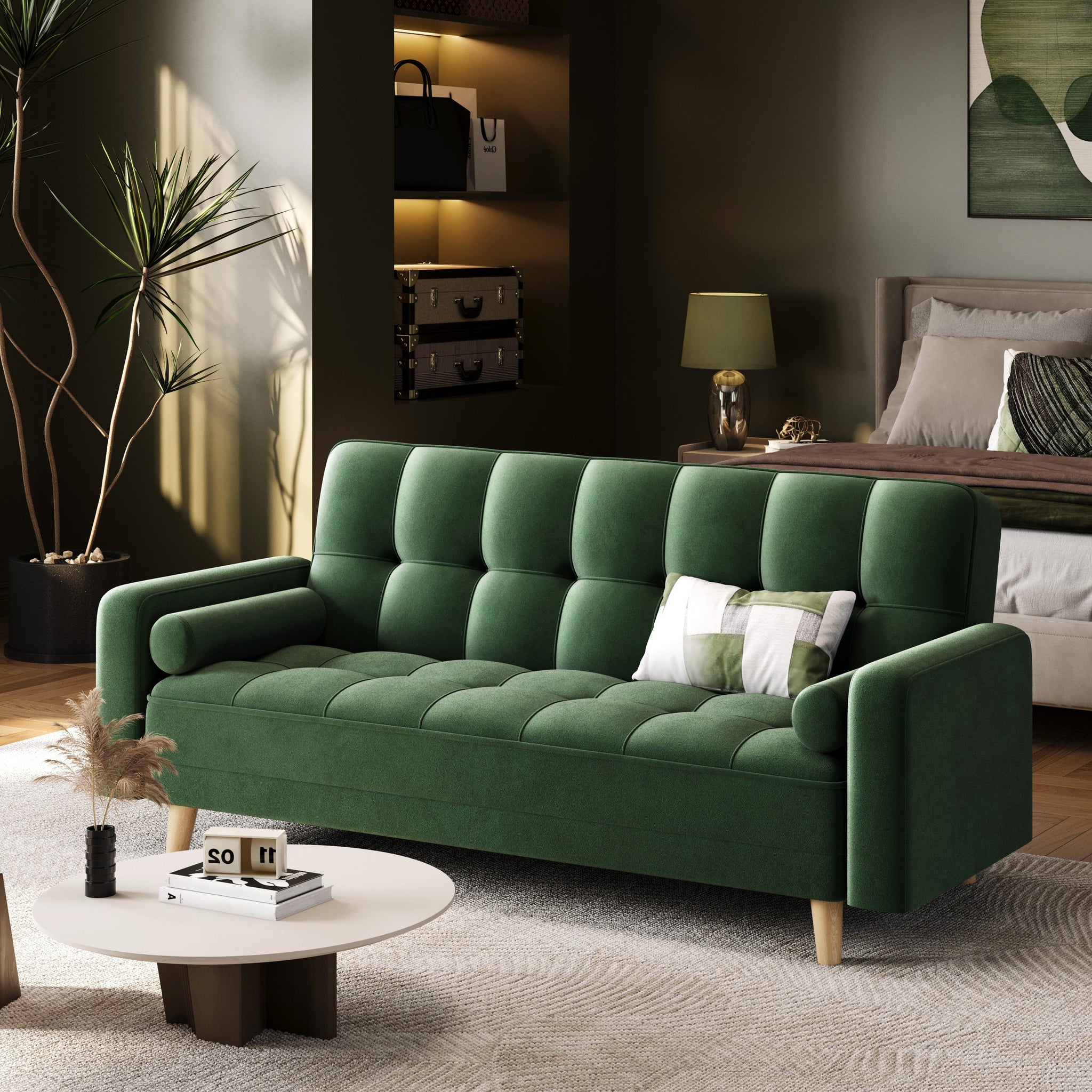 Costoffs Convertible Sofa Bed, Sofa Bed Velvet Convertible Sofa Bed 3 Seater Futon Sofa Bed with 2 Bolster Pillows and 3 Adjustable Back Angles for Apartments, Dens, Guest Rooms, Spare Rooms, Offices, and Lounges, Modern Grey/Blue/Green