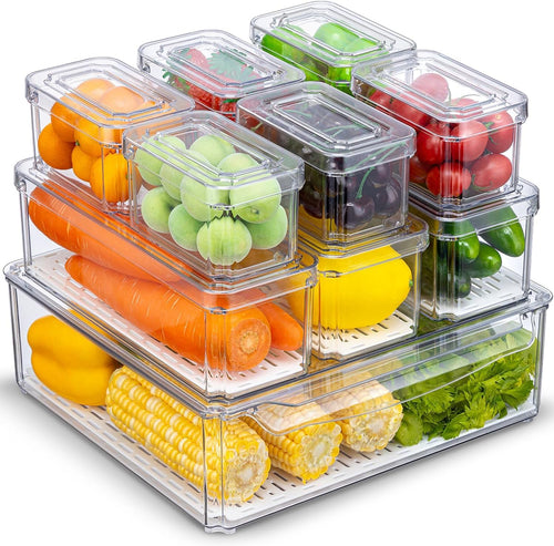 KUMD 10 Pack Fridge Organisers, Stackable Fridge Storage Containers with Lids, Bpa-Free, Clear Fruit Storage Container for Fridge Organiser, Keep Food, Fruit, Vegetables Fresh