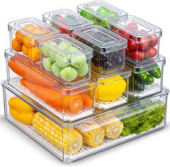 KUMD 10 Pack Fridge Organisers, Stackable Fridge Storage Containers with Lids, Bpa-Free, Clear Fruit Storage Container for Fridge Organiser, Keep Food, Fruit, Vegetables Fresh