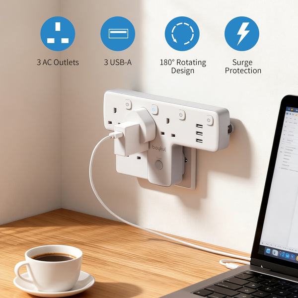 UK Plug Extension Socket with 3 USB Ports & 3 AC Outlets, Surge Protection, 180° Rotating T-Shaped Design, 3250W Power, LED Light Switch for Home Office, Electronic Device Charging | Surge Protection Feature