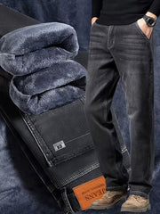 Men's Heavy-Themed Winter Light Business Casual Pants - Thickened Warm Washed Denim, Loose-Fit Mid-Rise with Internal Zipper Closure, Solid Color for Professional & -Casual Wear (Machine Washable)