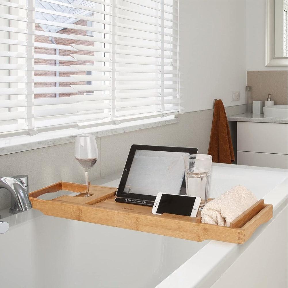Multi-purpose Bathtub Tray, Expandable Bathtub Stand, Bamboo Wood, Multi-compartment Card Slot, Flat Towel Toiletries Shelf, for Home Hotel, Natural Color, 75-109x23x4.5cm