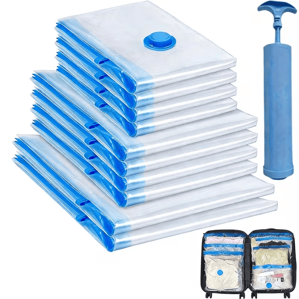 11pcs Vacuum Compression Storage Bags Set with Portable Hand Pump - Large + Medium + Small + Hand Pump - Suitable for Bedding, Clothes, Travel Essentials, Luggage Vacuum Seal Bags, Thickened Material, No Electricity Required