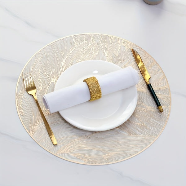 6-Pack Premium Round PVC Placemats, Elegant Gold Leaf Design, Table Protector & Easy-Clean Minimalist Mats