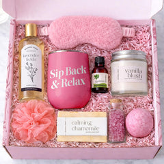 Gift Set with Wine Tumbler, Candle, Silk Sleep Mask, Bath Salts in Glass, Bath Bomb, Essential Oil, Bubble Bath Soap, Loofa and Soap Bar - Eye Catching and Unique Spa Bath Gift Set