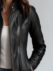 CHIDU Women's Jacket, PU Slim Vintage Motorcycle Women's Jacket, Windproof Women's Jacket, Suitable for Spring, Autumn And Winter Jacket, Fashion Commuting, Pockets, Zipper, Double-layer, Turtleneck, Global ALL, Mid-length Casual Women's Jacket