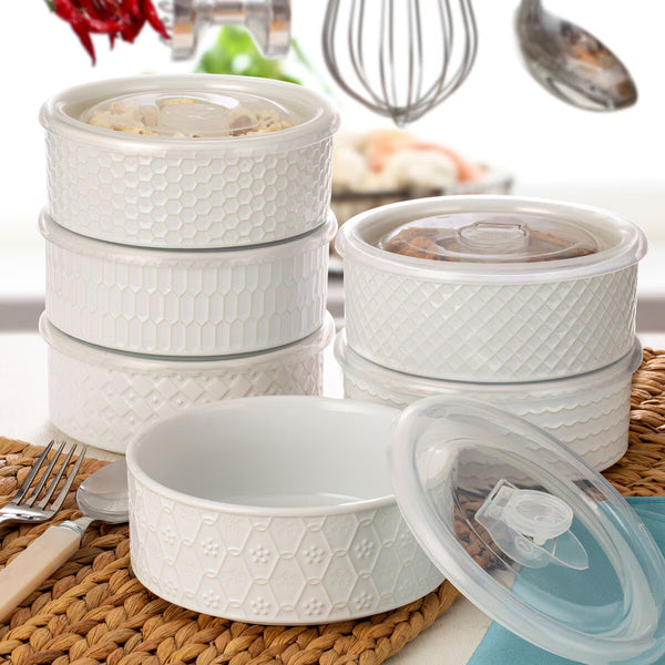 Signature Housewares Stoneware Bowls with Lids, 6 Pack in White