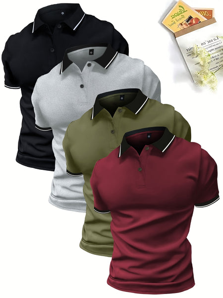 4pcs Set of Summer Lapel Men'S Polo Shirts Solid Color Short Sleeve Multicolor Golf Shirts Workwear Casual Athletic Wear Men'S Top