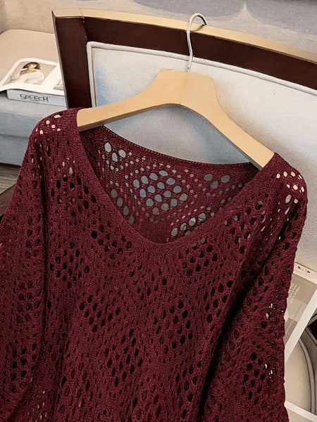 Plus Size - Plus Size - Plus Size Women'S Cashew Flower Loose Temperament Hollow Round Neck Pullover Long Sleeve Sweater