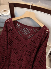 Plus Size - Plus Size - Plus Size Women'S Cashew Flower Loose Temperament Hollow Round Neck Pullover Long Sleeve Sweater