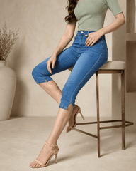 Women’s High Waisted Cropped Capri Jeans, Slim-Fit 3/4 Length Denim Trousers with Side Split Hem, Button Zip Casual Summer Jeans with Pockets