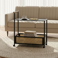 Movable sofa side table, large capacity, 50x30x70cm, double-layer design for living room and kitchen organization, versatile wicker-pattern storage basket, rolling side table, bedroom bedside storage side table, ideal for living rooms, bedrooms, and famil