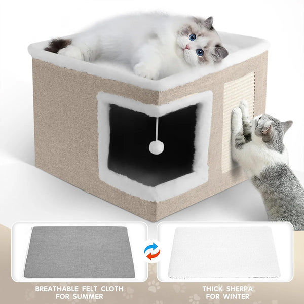 1pc Large Cat Cube House Cosy Foldable Bed Pet Cave Furry Soft Cushions Scratch Pads 42X42X36CM