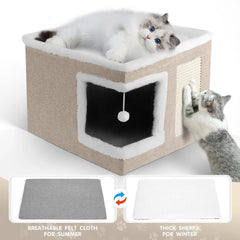 1pc Large Cat Cube House Cosy Foldable Bed Pet Cave Furry Soft Cushions Scratch Pads 42X42X36CM