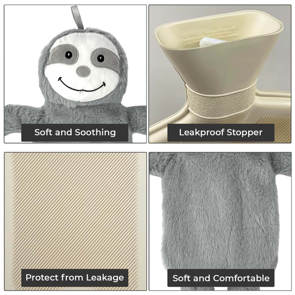 2L Happy Sloth Hot Water Bottle - Natural Rubber for Longer Heat – Hot Water Bag for Pain Relief on Aches or Injuries, Hand Feet Warmer, Neck and Shoulder Pain Relief