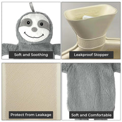 2L Happy Sloth Hot Water Bottle - Natural Rubber for Longer Heat – Hot Water Bag for Pain Relief on Aches or Injuries, Hand Feet Warmer, Neck and Shoulder Pain Relief