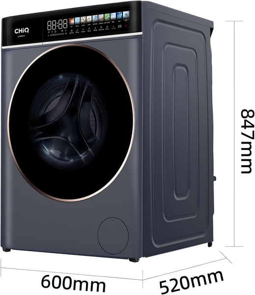 Chiq CW086581AXU Washing Machine, 8Kg, 1400Rpm, BLDC Inverter Motor, 12 Washing Cycles, Steam Care, LED Touchscreen, Grey