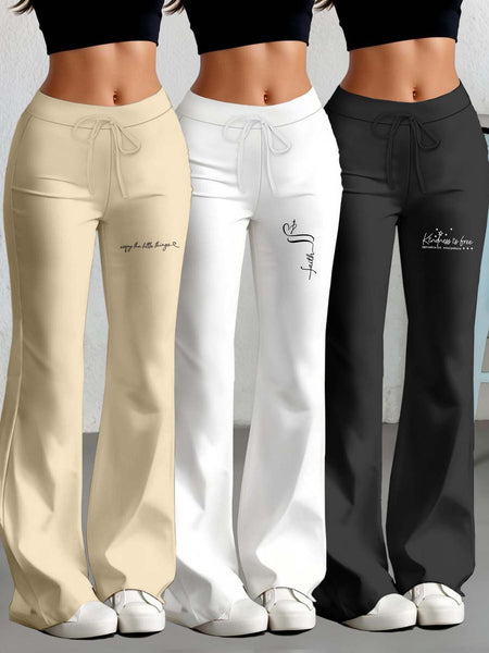 European and American Spring/Summer New Fashion Women's Bottoms: Flared Straight-Leg Pants with Classic English Text Print, Daily Casual Butt-Lifting Peach Butt Long Pants, Three-Piece Set