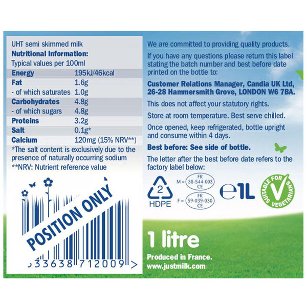 Candia Just Milk UHT Semi-Skimmed Milk, 6 X 1L