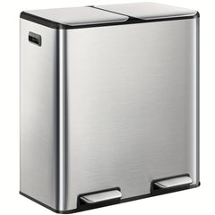 Kitchen Bin, (2 X 30L) 60L Recycling Bins, Pedal Bin with Lid, Stainless Steel Kitchen Bins Recycling And Waste, Silent Slow-Down Closing Lid, with 15 Exclusive Trash Bags, Silvery