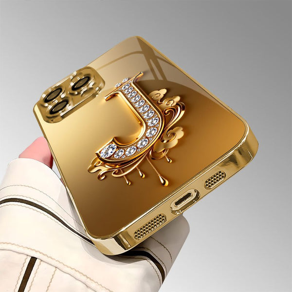 Phone Case: Phone Case - Diamond-Studded And Decorated Golden Letter J Pattern Electroplated Glass Phone Case for iPhone 17 Air/16/15/14/13/12/11/Plus/Pro/Pro Max and Galaxy S, A Series/S22/S23/S24 FE/S25/S26 ULTRA PLUS.It Is the First Choice of Gift