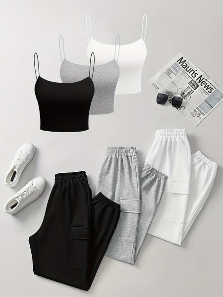 6pcs Women'S Casual Short Camisole And Elastic Waist Pocket Work Pants Set for Spring And Summer, Solid Color Everyday Outfit
