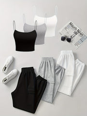 6pcs Women'S Casual Short Camisole And Elastic Waist Pocket Work Pants Set for Spring And Summer, Solid Color Everyday Outfit