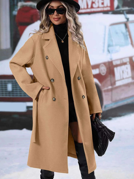 Women'S Elegant Double-Breasted Lace-Up Coat - Winter Trench Coat with Front Pockets, Structured Formal & Casual Outerwear for Fall/Winter, Chic Office, Party, Everyday Outfits - Durable Cold Weather Clothing, Ladies Winter Coats, Party Attire, Sophistica