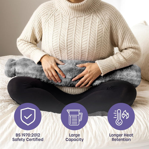 Long Hot Water Bottle for Back Ache and Pain Relief - 2L Soft Grey Plush Covered Hot Water Bottle - Luxury, Washable and Reusable Hot Water Bag
