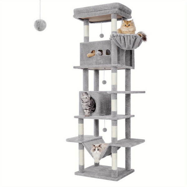 170cm Large Cat Tree, Cat Tower for Maine Cat, Multi-Storey Scratching Post with Large Perch, Washable Mat, Cat House Furniture with 2 Caves, 8 Scratching Posts, Light Grey, Dark Grey
