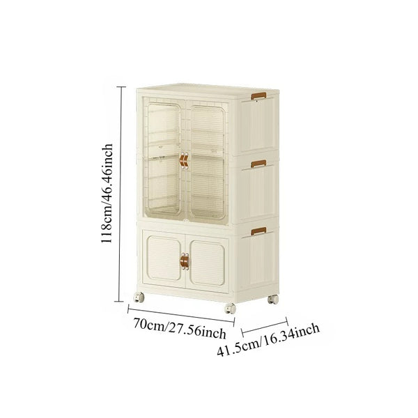 Modern Home Bedroom Armoires, Plastic Installation-Free Multipurpose Locker with Pulleys, Foldable Clothes Storage Cabinet for Living Room Bedroom or Cloakroom, Cream White