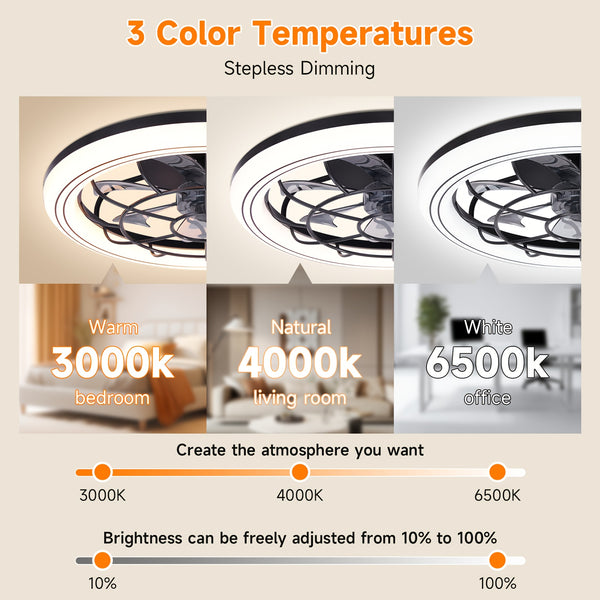 Modern 3-Color Temperature LED Ceiling Fan with Remote Control - Quiet Invisible Fan & Light, Semi-Flush Mount for Living Room, Bedroom, Dining Room - Energy Efficient Home Lighting, Bedroom Air Circulation, Sleek Light Fixture, Durable Plastic