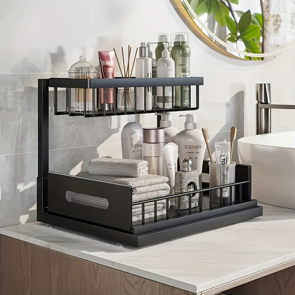 Pull-Out Organizer Rack, Multi-Functional Double-Layer Sundries Storage Rack, Large Capacity Sliding Storage Rack, Suitable for Kitchen And Bathroom, Home Organize And Storage, Home Additions