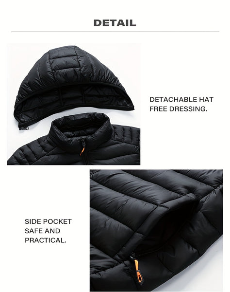 Men's Stand Collar Hooded Jacket - Warm, Windproof Thickened Coat, Detachable Hood, Solid Color Design, Thickened Nylon Fabric for Cold Weather, Casual Style, Zip Closure, Dry Clean Only, Winter Stand Collar Hooded Thickened Coat