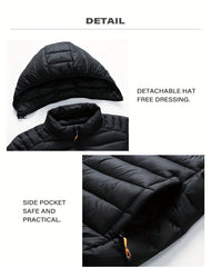Men's Stand Collar Hooded Jacket - Warm, Windproof Thickened Coat, Detachable Hood, Solid Color Design, Thickened Nylon Fabric for Cold Weather, Casual Style, Zip Closure, Dry Clean Only, Winter Stand Collar Hooded Thickened Coat