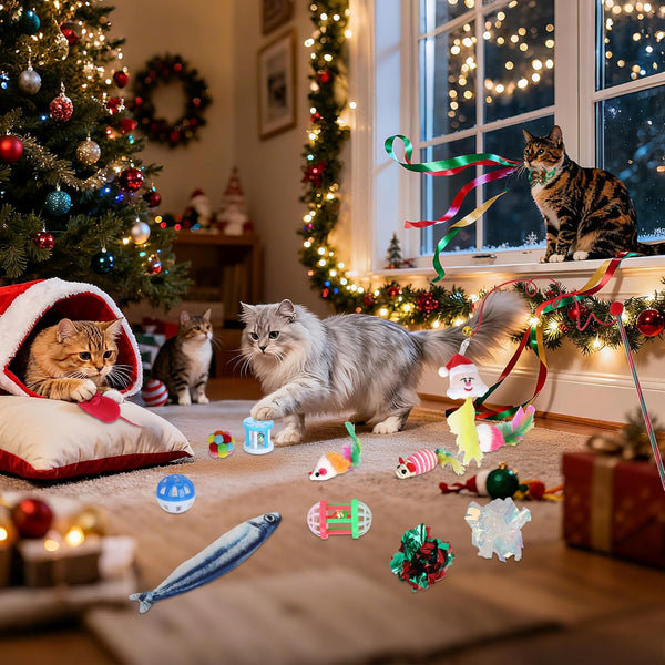 Cat Advent Calendar 2025, 24 Day Countdown to Christmas Cat Gifts with 24Pcs Assorted Cat Interactive Toys Countdown Calendar for Kitten Flurry Friends