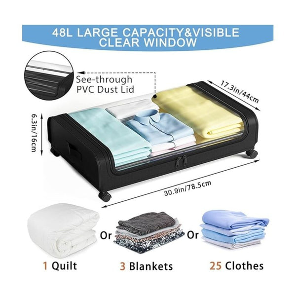 2 Sets, Underbed Storage Box, Underbed Storage Box with Wheels Lid, 96L Metal Frame, Bed Box, Organiser, Storage Bag, Foldable Underbed Box for Clothes, Shoes, Blankets, Bedding, Black, Under-Bed Storage