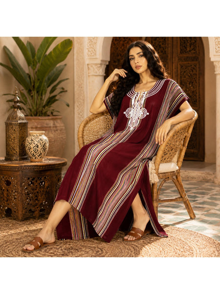 Women Boho Kaftan Dress Long Embroidered Beach Cover Up Lightweight Summer Kaftan Maxi Dress Loose Fit Swimwear Cover Up Holiday Beachwear Gandouri
