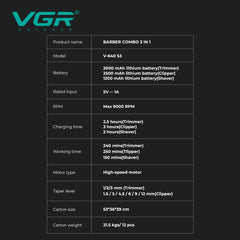 The VGR Men'S Electric Hair Clipper And Trimmer Set Features Interchangeable Ceramic Blades, Operates at High Speeds with 9000 RPM, Includes a Professional Hair Clipper with an LCD Display