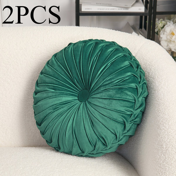 2pcs Premium Round Velvet Pumpkin-Inspired Pleated Waist Bolster Cushions in Dark Green - Exceptionally Plush & Chic Decorative Throw Pillows, Perfect for Sofa, Chair & Floor | Essential Soft Accent Pillows to Instantly Upgrade Easter & Home Decor (Size:
