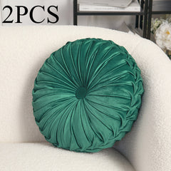 2pcs Premium Round Velvet Pumpkin-Inspired Pleated Waist Bolster Cushions in Dark Green - Exceptionally Plush & Chic Decorative Throw Pillows, Perfect for Sofa, Chair & Floor | Essential Soft Accent Pillows to Instantly Upgrade Easter & Home Decor (Size:
