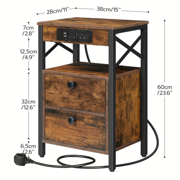 X-shaped Bedside Table with Charging Station | 2 USB Ports, 2 AC Outlets, 2 Drawers, Rustic Brown, 38 x 28 x 60 cm, HOOBRO