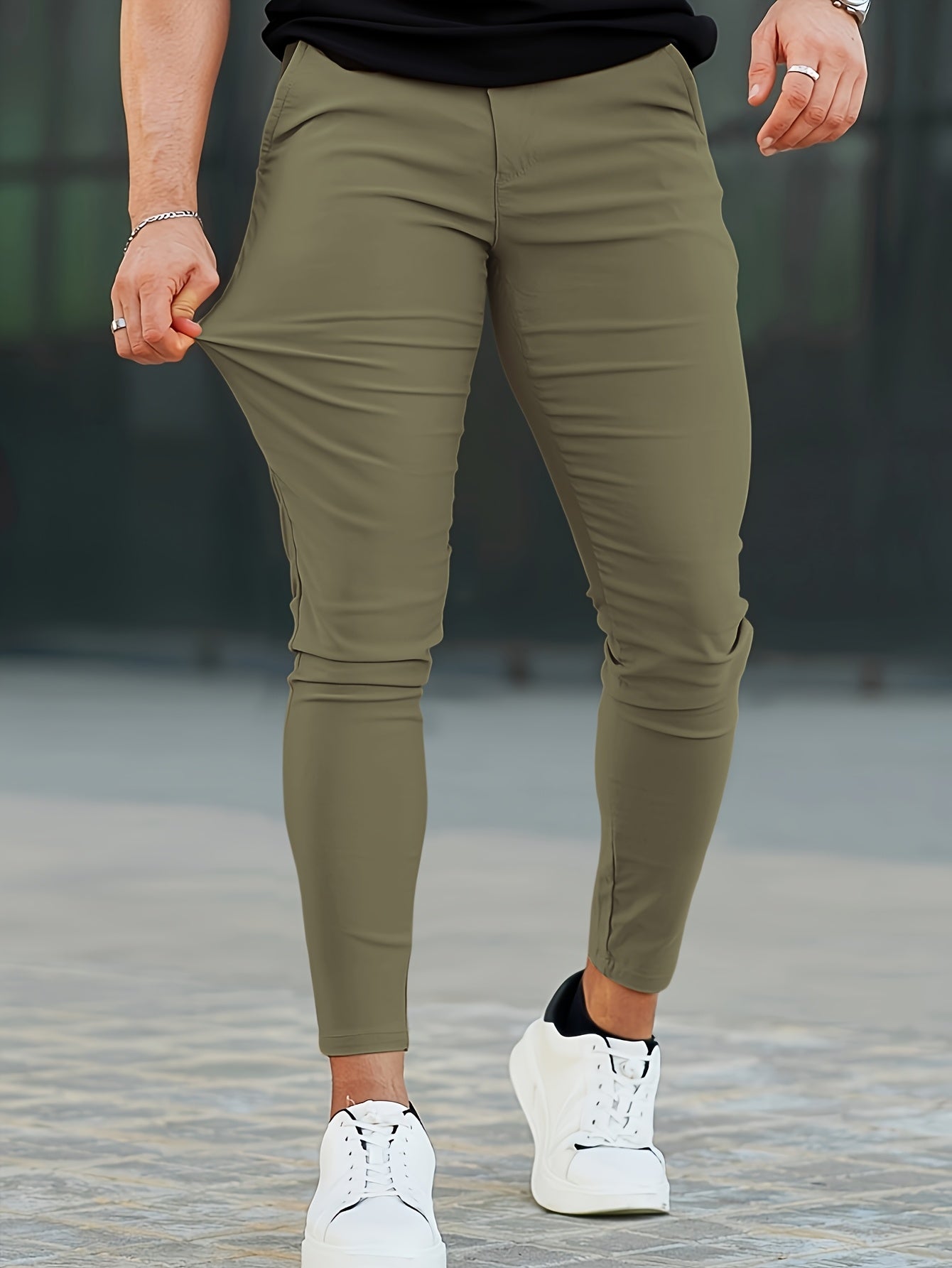 Heyfanee Men's Slim-Fit Elastic Waist Trousers - Khaki Low-Rise Casual Pants with Button Closure & Pockets, All-Season Machine Washable for Daily Wear, Durable Fabric
